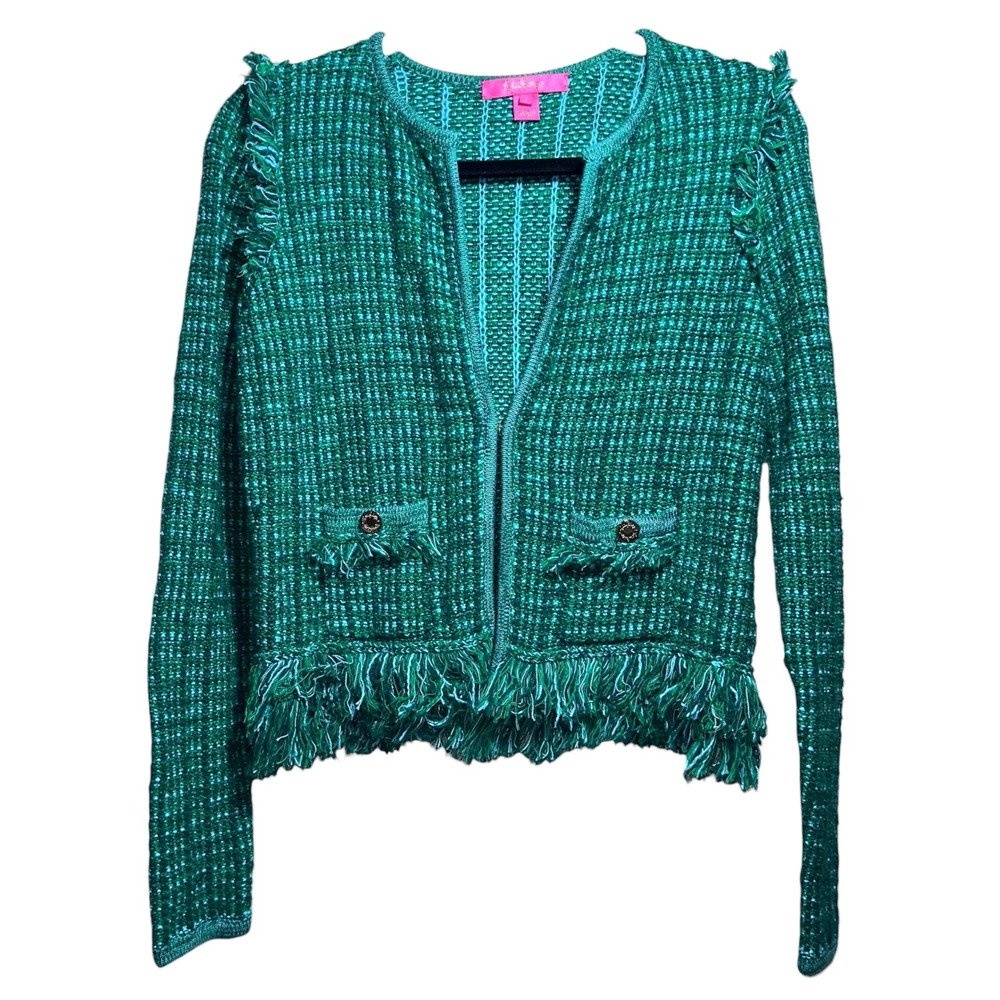 LILLY‎ PULITZER Women's Simora Fringe Cardigan Evergreen Exotic Tweed Small